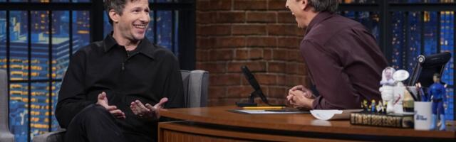 Seth Meyers dog Frisbee, Andy Sambergs longtime nemesis, gets the last laugh