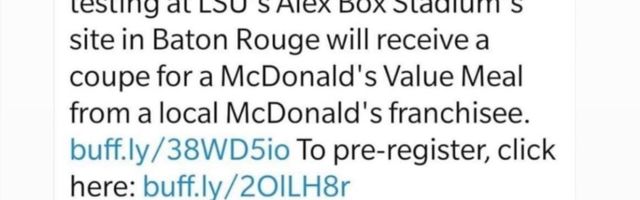 Louisiana terviseamet kinkis tasuta Covid-19 teste koos McDonaldsi einega