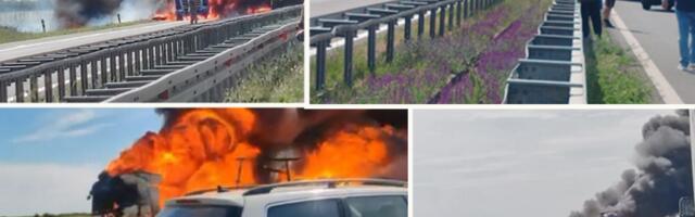 DRAMATIČNI PRIZORI KOD ŠIMANOVACA! Kamion izgoreo u buktinji, eksplozije parale nebo, očevici van sebe: "Od detonacija se TRESU automobili!" (VIDEO)