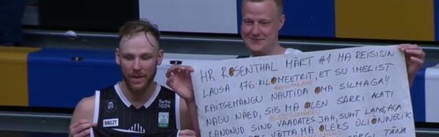MUHE VIDEO | Eesti ekskoondislane Rain Raadik küsis lõbusa plakatiga Tartu võidumängu järel Märt Rosenthali särki