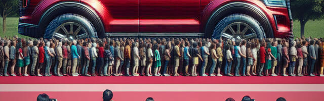 Inimesed järjekorras suure punase auto pildistamiseks