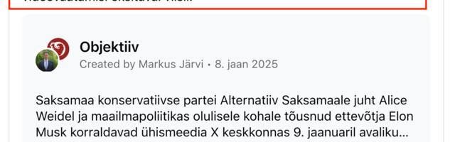 VEERG ⟩ Markus Järvi: Facebook ei luba Objektiivil jagada uudist Muski ja AfD juhi Weideli vestlusest