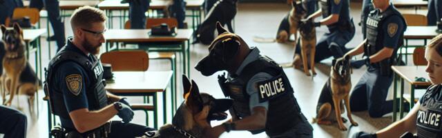 Politseinikud ja politseikoerad treenivad koolimajas oma oskusi