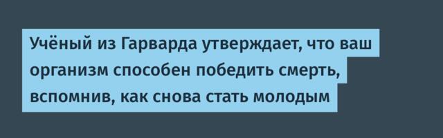[Перевод] Учёный из Гарварда утверждает, что ваш организм способен победить смерть, вспомнив, как снова стать молодым